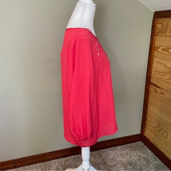 Eyeshadow Coral Red Eyelet Long Sleeve Top Blouse Large NWT - Picture 2 of 10